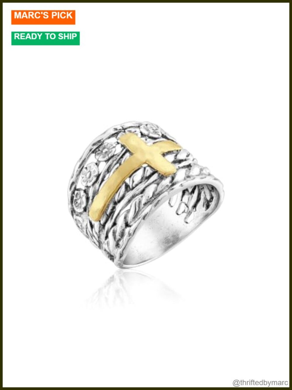 925 Sterling Silver Two-Tone Floral Braided Wide Band Ring Womens Statement